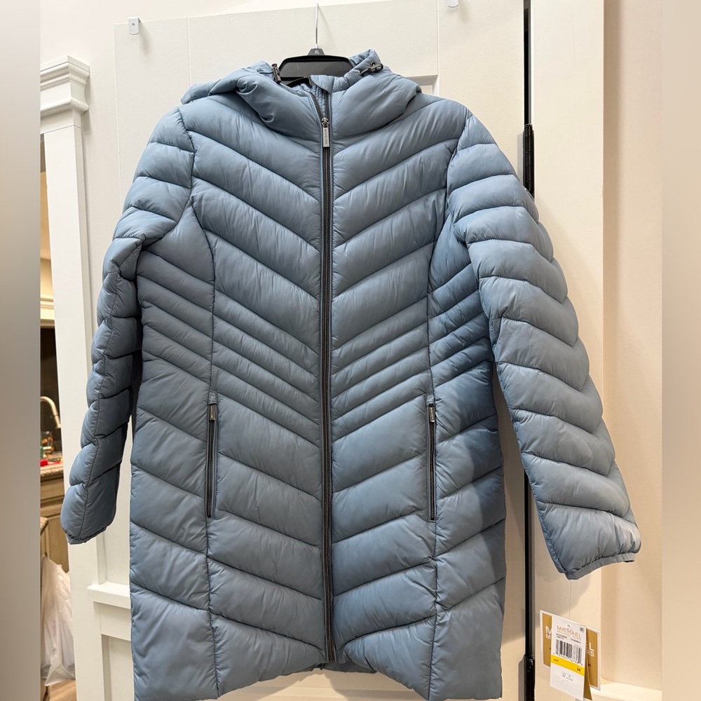 NWT - Michael Kors - Light Blue Packable Hooded Puffer Long Coat -Women's Medium